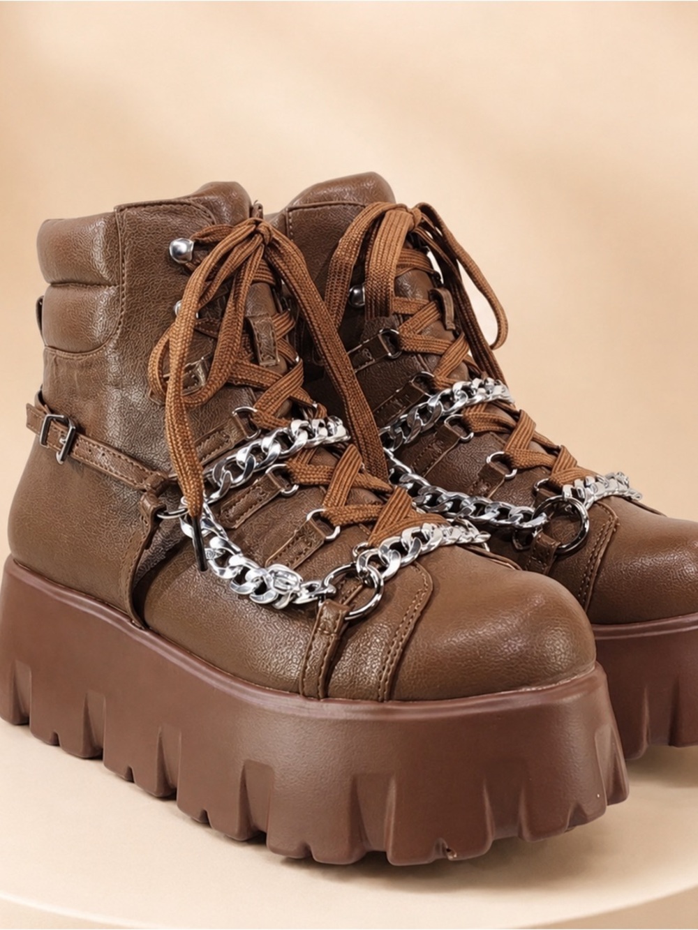 Chic Brown Platform Combat Boots with Silver Chain